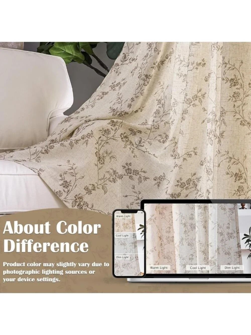 90 Inch Taupe Floral Linen Curtains - Vintage Light Filtering Drapes, 2 Panels
